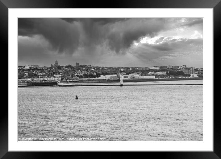 Black and white leaving Liverpool the light house on the end of the dockland Framed Mounted Print by Holly Burgess