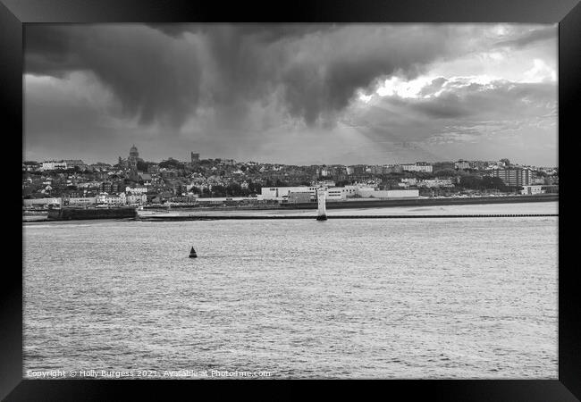 Black and white leaving Liverpool the light house on the end of the dockland Framed Print by Holly Burgess