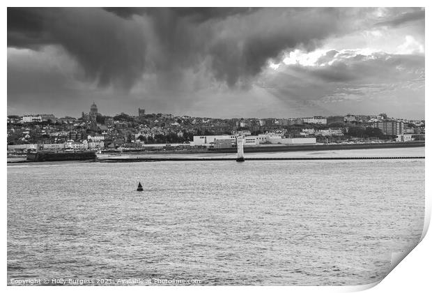 Black and white leaving Liverpool the light house on the end of the dockland Print by Holly Burgess
