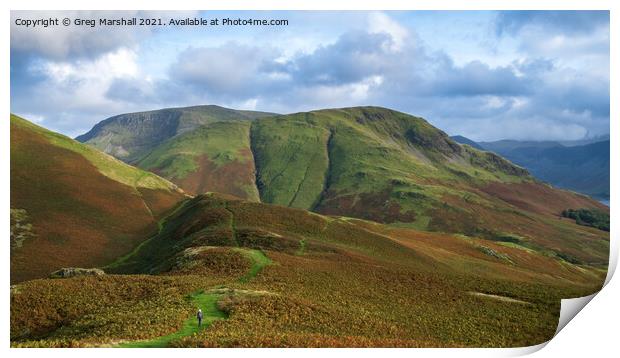 The lone hiker on Rannerdale Knotts, Buttermere, T Print by Greg Marshall