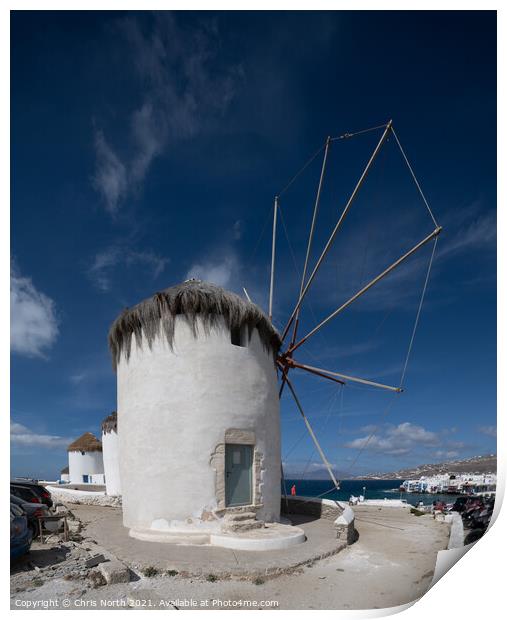 Windmills overlooking Mykonos town. Print by Chris North