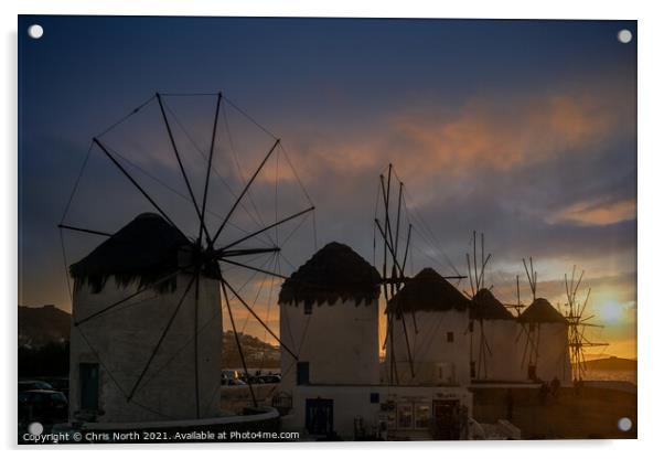 Sunset over the Windmills of Mykonos. Acrylic by Chris North
