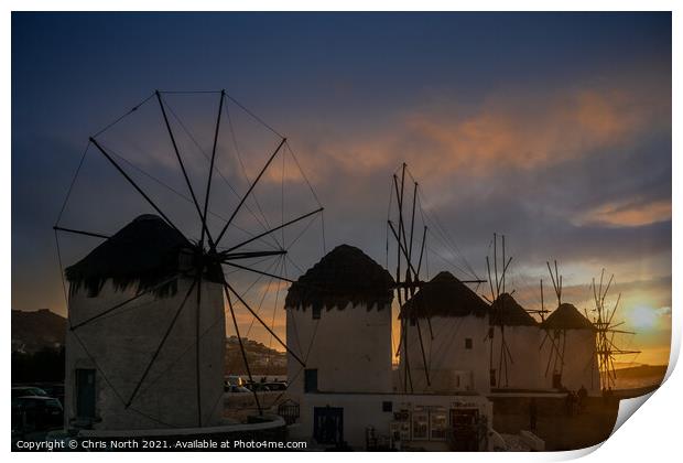 Sunset over the Windmills of Mykonos. Print by Chris North