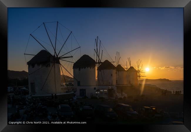 Sunset over the Windmills of Mykonos. Framed Print by Chris North