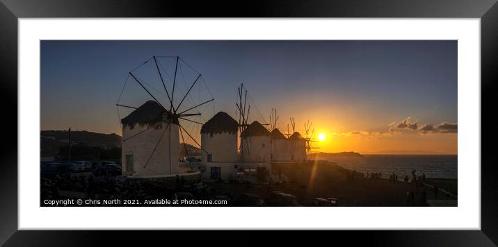 Sunset over the Windmills of Mykonos. Framed Mounted Print by Chris North