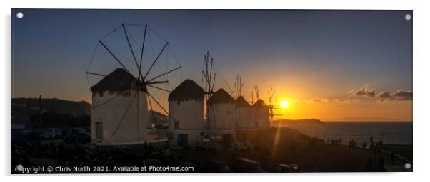 Sunset over the Windmills of Mykonos. Acrylic by Chris North