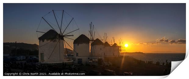 Sunset over the Windmills of Mykonos. Print by Chris North