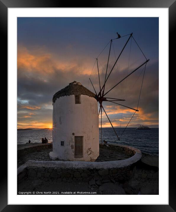 Sunset over the Windmills of Mykonos. Framed Mounted Print by Chris North