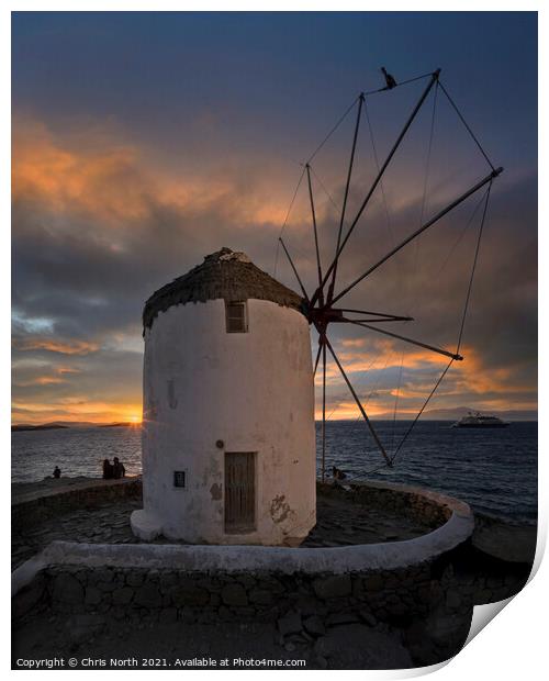 Sunset over the Windmills of Mykonos. Print by Chris North