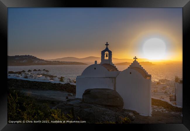 Sunset over the Aegean Sea in Mykonos, Greece. Framed Print by Chris North