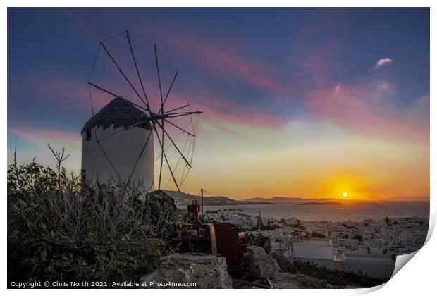 Sunset over Boni's Windmill of Mykonos. Print by Chris North