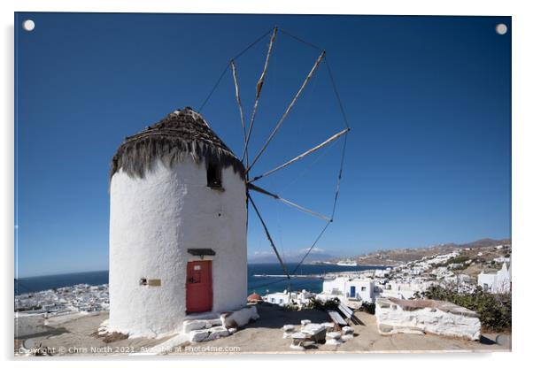 Boni's Windmill overlooking Mykonos port. Acrylic by Chris North