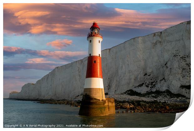 Beachy Head Lighthouse sunrise Print by A N Aerial Photography