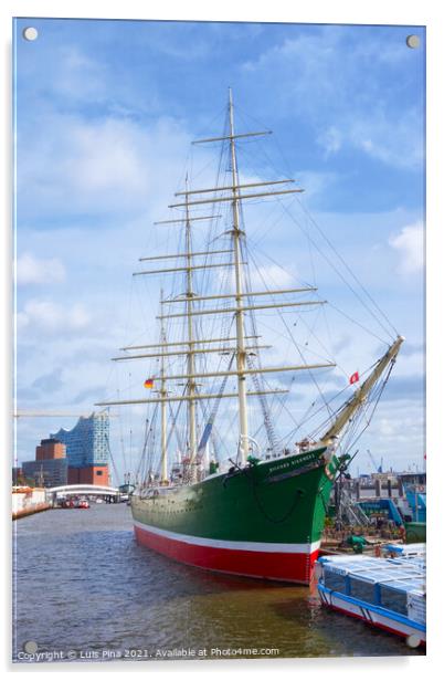 Beautiful green old boat with the Elbphilharmonie on the background Acrylic by Luis Pina