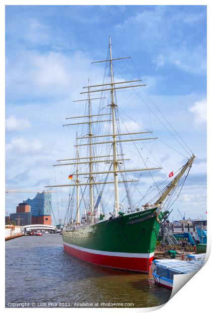 Beautiful green old boat with the Elbphilharmonie on the background Print by Luis Pina