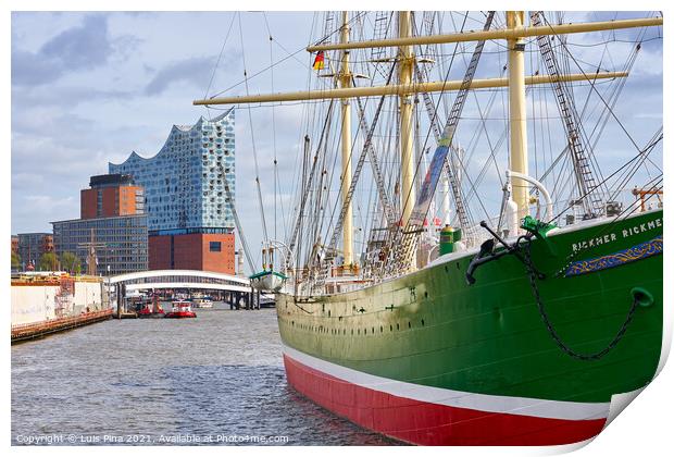 Beautiful green old boat with the Elbphilharmonie on the background Print by Luis Pina