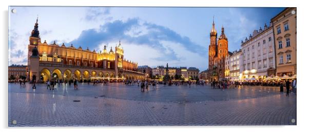 A panorama picture of Krakow`s Main Square Rynek Główny featuring the Cloth Hall, St. Mary`s Basilica and the Town Hall Tower Acrylic by Arpan Bhatia