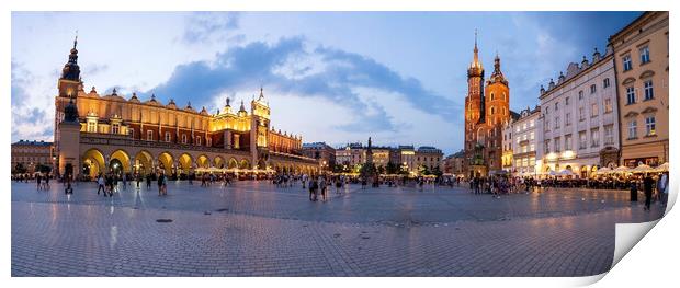 A panorama picture of Krakow`s Main Square Rynek Główny featuring the Cloth Hall, St. Mary`s Basilica and the Town Hall Tower Print by Arpan Bhatia
