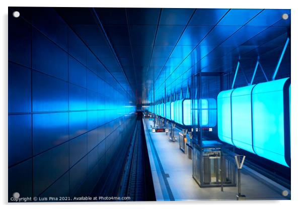 Subway station with blue lights at University on the Speicherstadt area in Hamburg Acrylic by Luis Pina