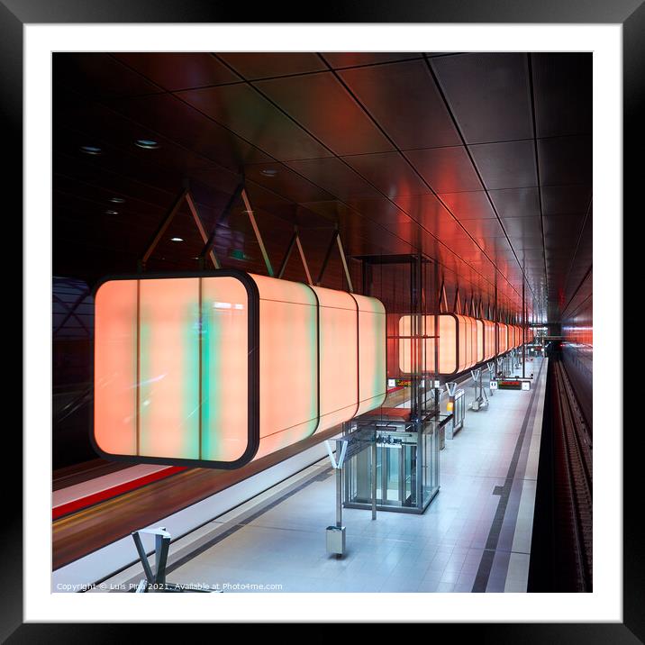 Subway station with red lights at University on the Speicherstadt area in Hamburg Framed Mounted Print by Luis Pina