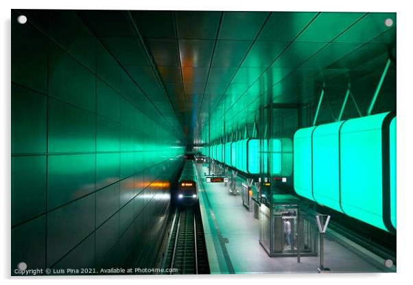 Train at the Subway station with green lights at University on the Speicherstadt area in Hamburg Acrylic by Luis Pina