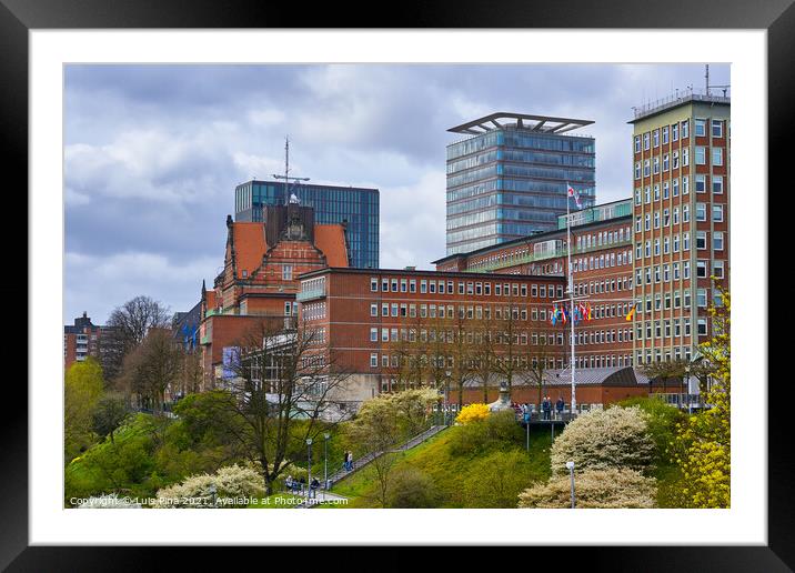 Buildings on the St. Pauli area in Hamburg from the Landungsbruecken Train Station Framed Mounted Print by Luis Pina