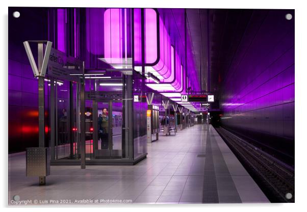 Subway station with purple lights at University on the Speicherstadt area in Hamburg Acrylic by Luis Pina