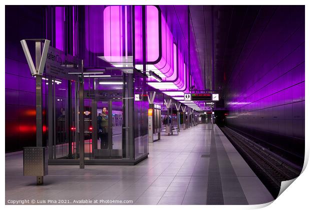 Subway station with purple lights at University on the Speicherstadt area in Hamburg Print by Luis Pina