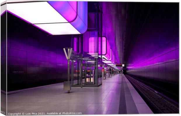 Subway station with purple lights at University on the Speicherstadt area in Hamburg Canvas Print by Luis Pina