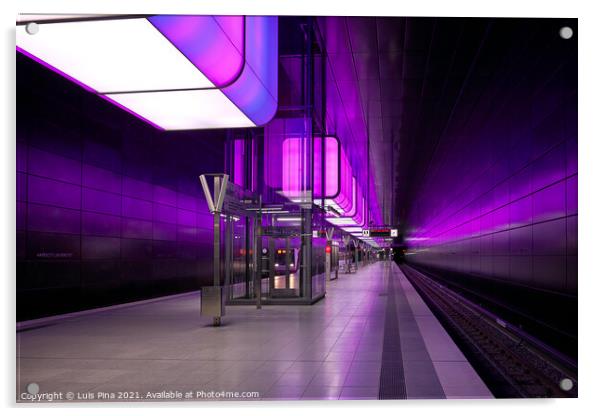 Subway station with purple lights at University on the Speicherstadt area in Hamburg Acrylic by Luis Pina