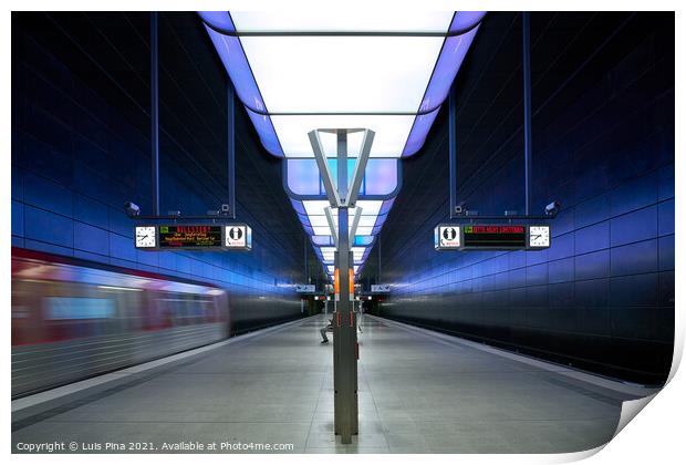 Subway station with blue lights at University on the Speicherstadt area in Hamburg Print by Luis Pina