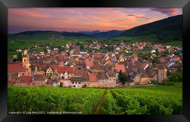 View of Riquewihr from the top of the hill with a vineyard on the foreground Framed Print by Luis Pina