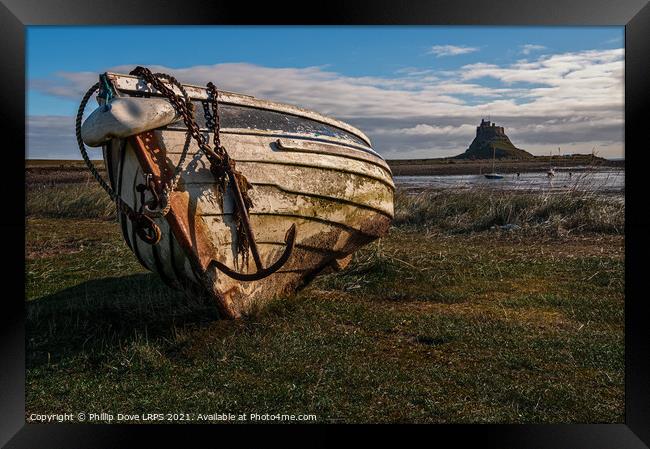 Fishing Coble on the shore at Holy Island Framed Print by Phillip Dove LRPS