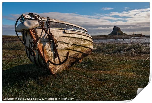 Fishing Coble on the shore at Holy Island Print by Phillip Dove LRPS