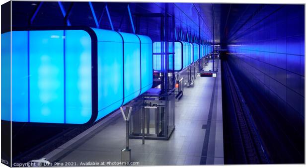 Subway station with blue lights at University on the Speicherstadt area in Hamburg Canvas Print by Luis Pina