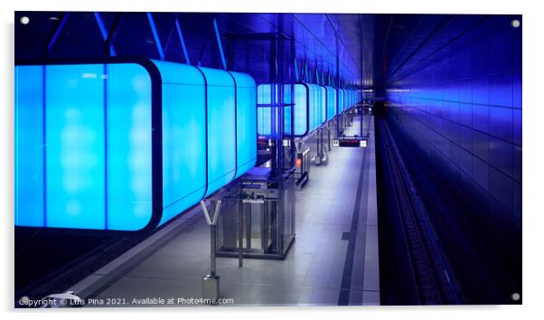 Subway station with blue lights at University on the Speicherstadt area in Hamburg Acrylic by Luis Pina
