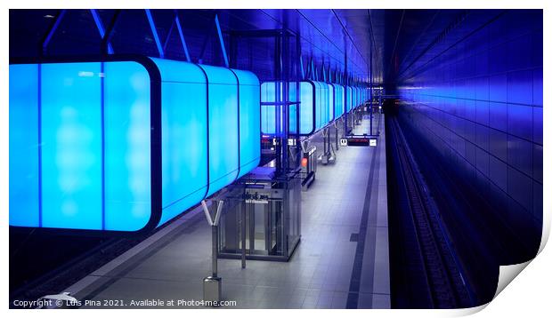 Subway station with blue lights at University on the Speicherstadt area in Hamburg Print by Luis Pina