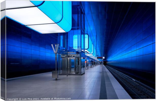 Subway station with blue lights at University on the Speicherstadt area in Hamburg Canvas Print by Luis Pina