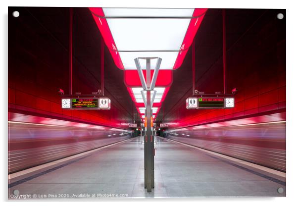 Subway station with red lights at University on the Speicherstadt area in Hamburg Acrylic by Luis Pina