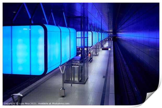 Subway station with blue lights at University on the Speicherstadt area in Hamburg Print by Luis Pina