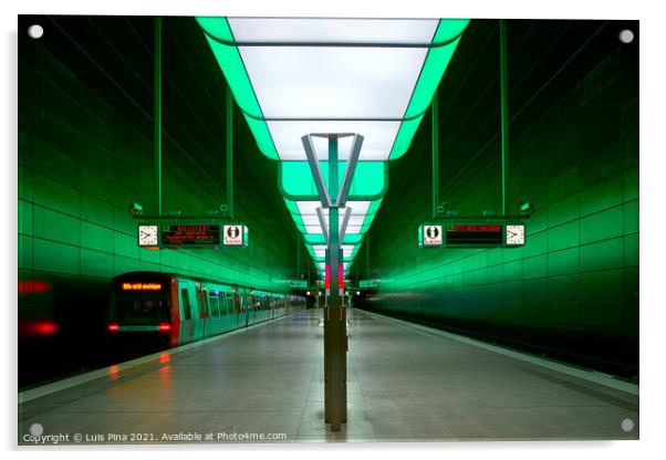 Subway station with green lights at University on the Speicherstadt area in Hamburg Acrylic by Luis Pina