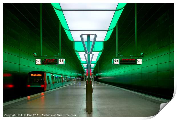Subway station with green lights at University on the Speicherstadt area in Hamburg Print by Luis Pina