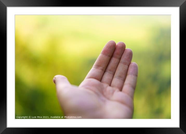 Empty Hand with blurred bokeh landscape background Framed Mounted Print by Luis Pina