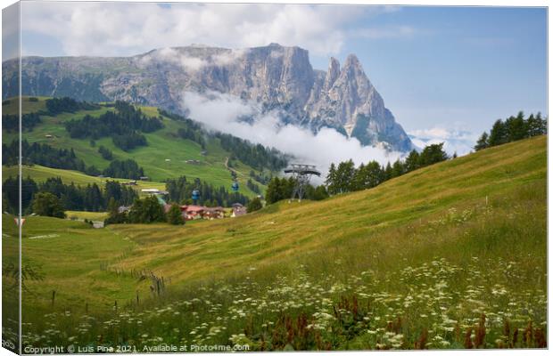 Schlern Massiccio dello Sciliar mountains on the Italian Alps Dolomites with cable cars passing by Canvas Print by Luis Pina