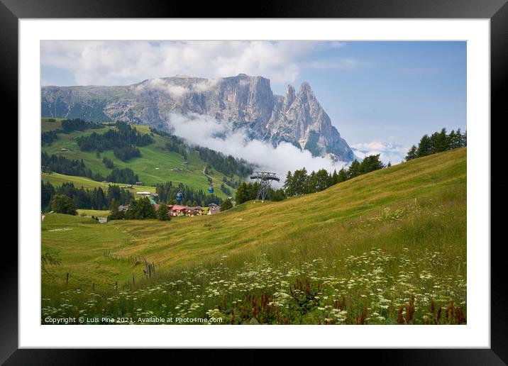 Schlern Massiccio dello Sciliar mountains on the Italian Alps Dolomites with cable cars passing by Framed Mounted Print by Luis Pina