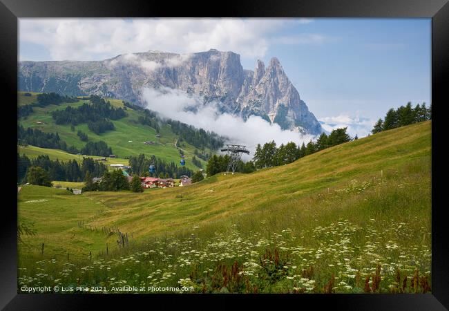 Schlern Massiccio dello Sciliar mountains on the Italian Alps Dolomites with cable cars passing by Framed Print by Luis Pina