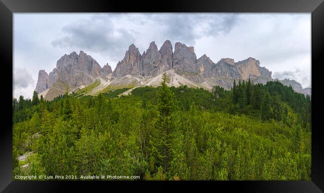 Panorama of Santa Magdalena St Maddalena Val di Funes in Dolomites Italian Alps with Furchetta mountain peak Framed Print by Luis Pina