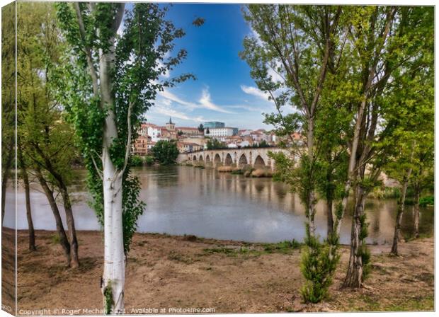 Bridge over the river Duero to Zamora, Spain Canvas Print by Roger Mechan