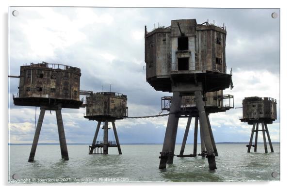 Five rusting Maunsell Forts in the Thames Estuary near Whitstable Acrylic by Joan Rosie