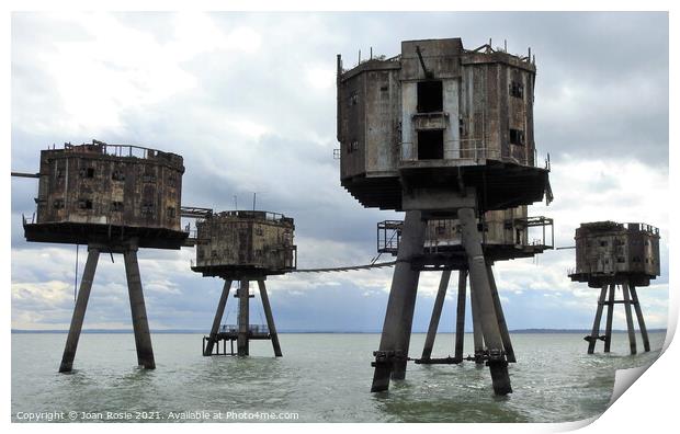 Five rusting Maunsell Forts in the Thames Estuary near Whitstable Print by Joan Rosie